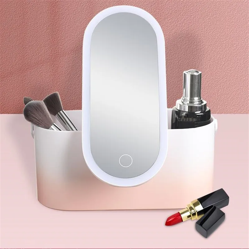 Portable USB Makeup Mirror Organizer Box With LED Light Travel Cosmetics Touch Storage Case 2# 220509