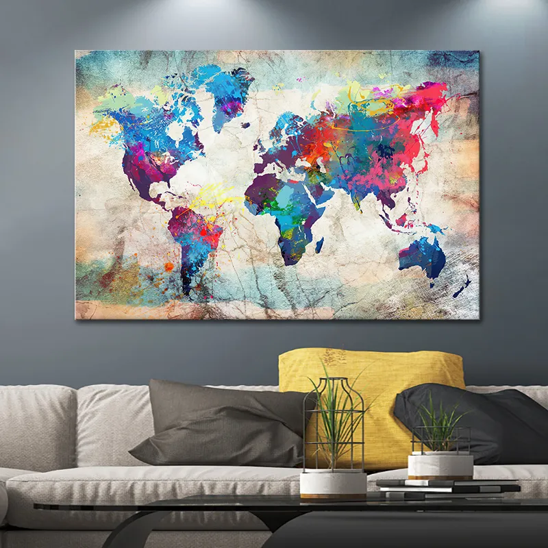 Bunte Weltkarte Leinwand Malerei Karte Poster Druck Wandbilder für Wohnzimmer Moderne Innendekoration Gemälde ungerahmt