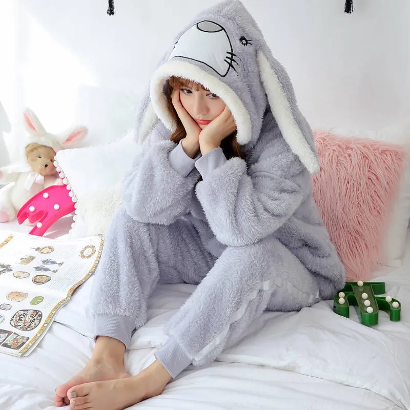 Cute Pajamas Set Women Sleepwear Warm Winter Thick Coral Fleece Hooded Cartoon Girl Homewear Animal Nightie 220329