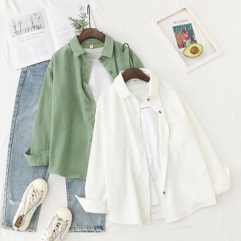 woman shirts Spring Retro Corduroy Shirt Women s Coat Hong Kong Style Ins Loose Long Sleeves Outer Match 220714