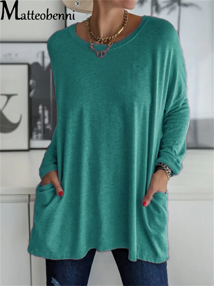 Women Autumn Fashion Tunic Top Pocket Solid Color Loose Round Neck Long-sleeved T-Shirt Streetwear Casual Vintage Pullovers 220525