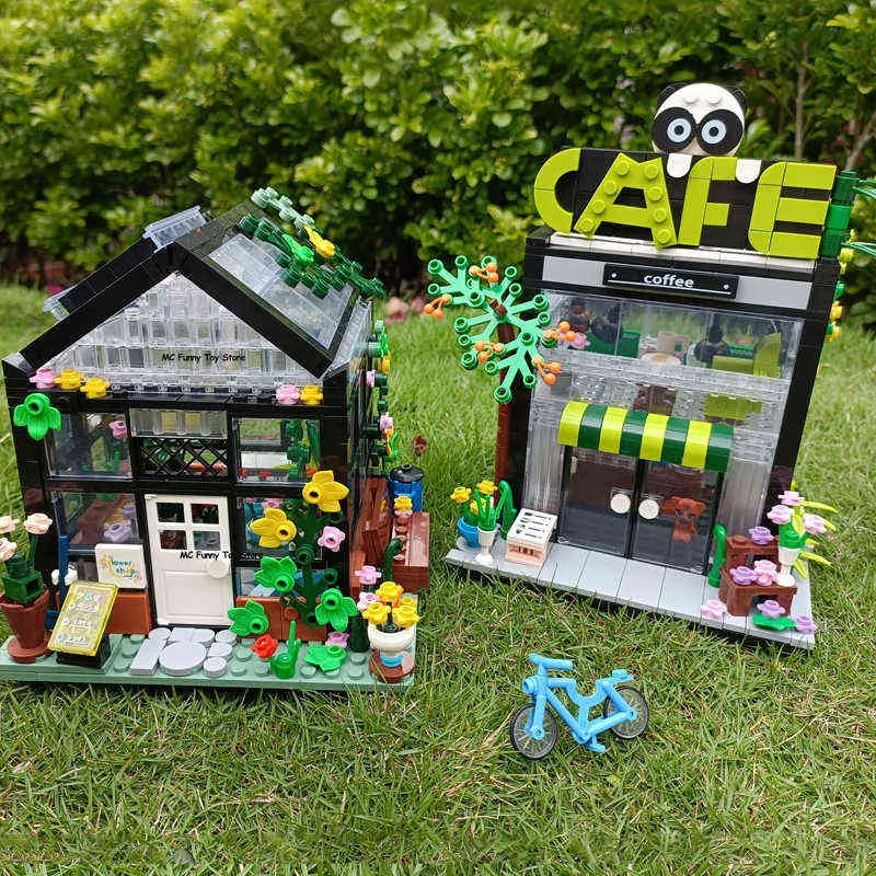 MOC Negozio di caffè estivo creativo Negozio Modello Building Block City View Holiday Flower House Mattoni Ragazze Set Giocattoli Regali bambini G220524