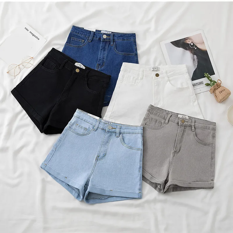 Mulheres de altas cintura botão de jeans skinny shorts de verão casual elasticidade de perna larga de tamanho largo feminino azul jeans 220602