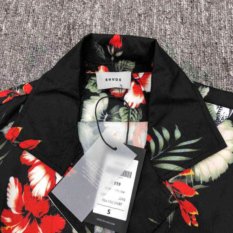 Haute qualité Rhude18ss fleur perroquet rouge imprimé T-shirt ample hommes femmes tout-match marque Rhude Hawaii chemise à manches courtes