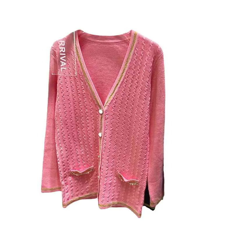 autumn and winter new gold thread, metal chain, twist wool, medium length V neck knitted cardigan jacket.