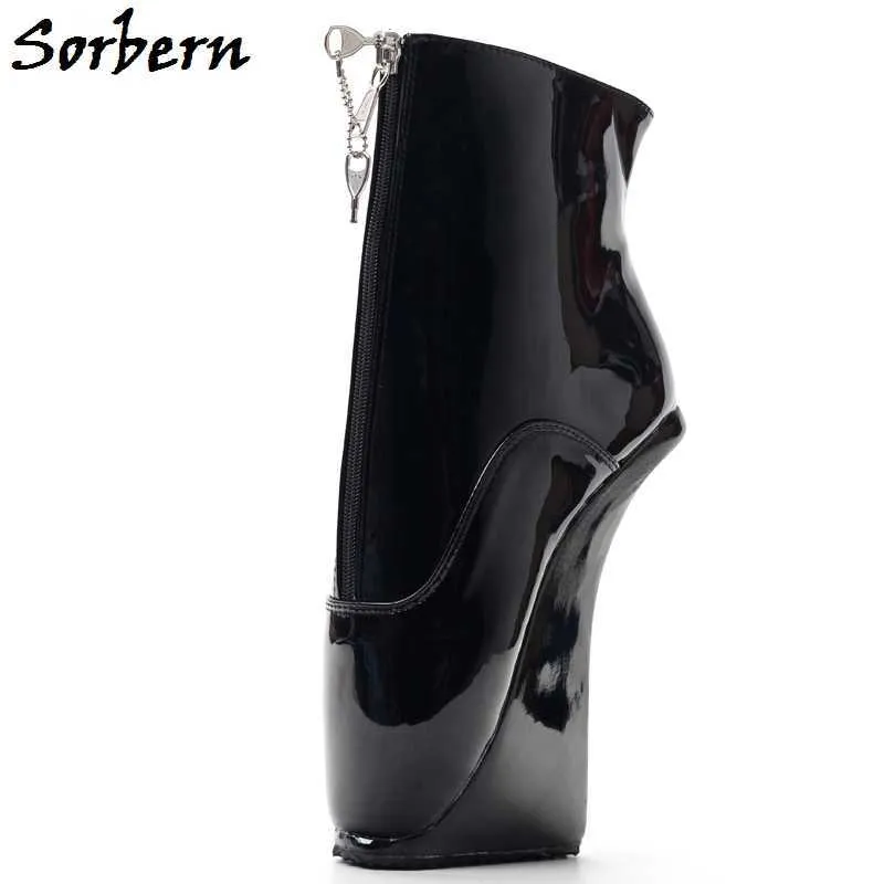 SORBERNセクシーなロック可能なジッパーの足首のブーツHeelless Shoes BDSMフェチのつま先の痛みを伴うブート隠しヒールの靴スレーブシューズプラスサイズ