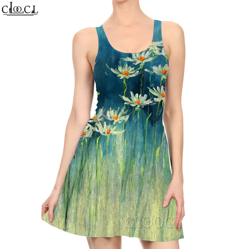 Femmes robe peinture à l'huile fleurs motif 3D imprimé Mini robe pour la mode sans manches robes de plage sexy vêtements féminins 220616