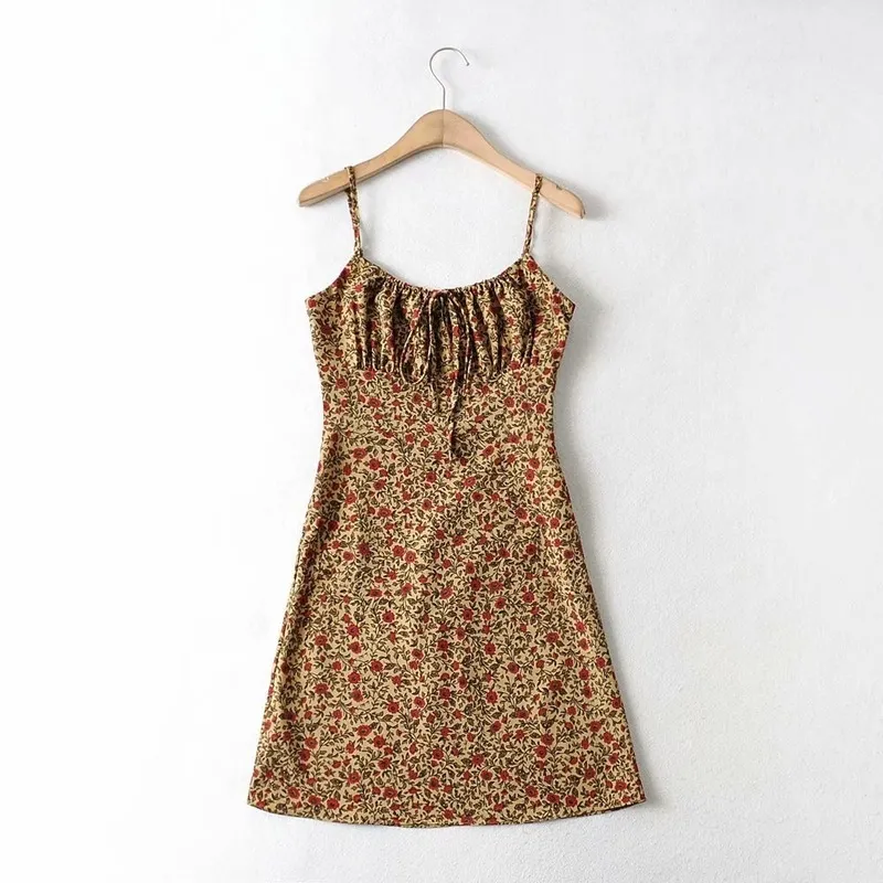 Summer Brown Floral Print Backless Sukienka Summer Kobieta Dostosuj spaghetti Krótkie sukienki na plażę wakacyjne vestidos 220511