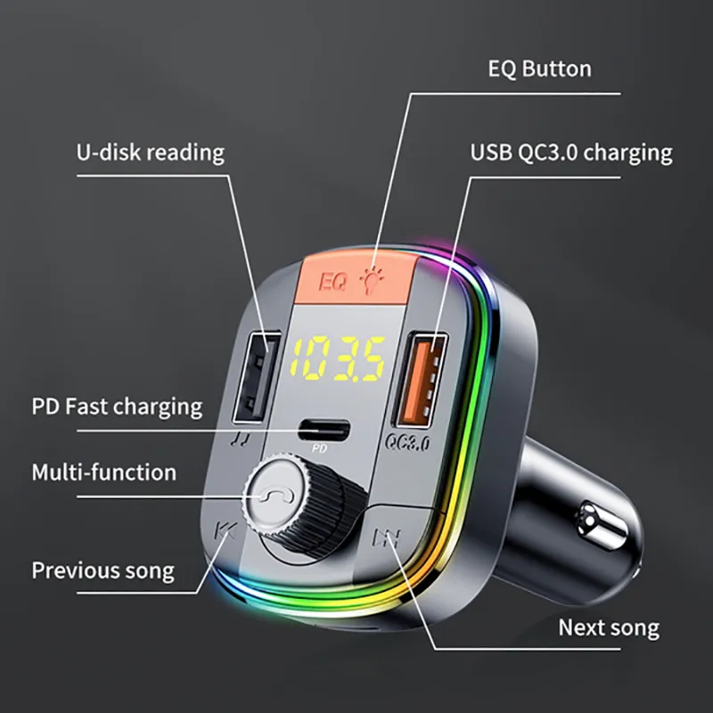 T832 자동차 MP3 플레이어 Bluetooth 5.0 핸즈프리 FM 송신기 USB 충전기 QC3.0 PD Quick Charge Music Player Radio