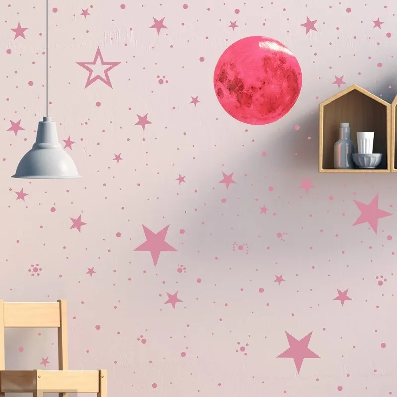 Pegatinas de pared luminosas de luna rosa 3D para habitaciones de niños, decoración del hogar, dormitorio, arte DIY, calcomanías fluorescentes, estrellas que brillan en la oscuridad 220607