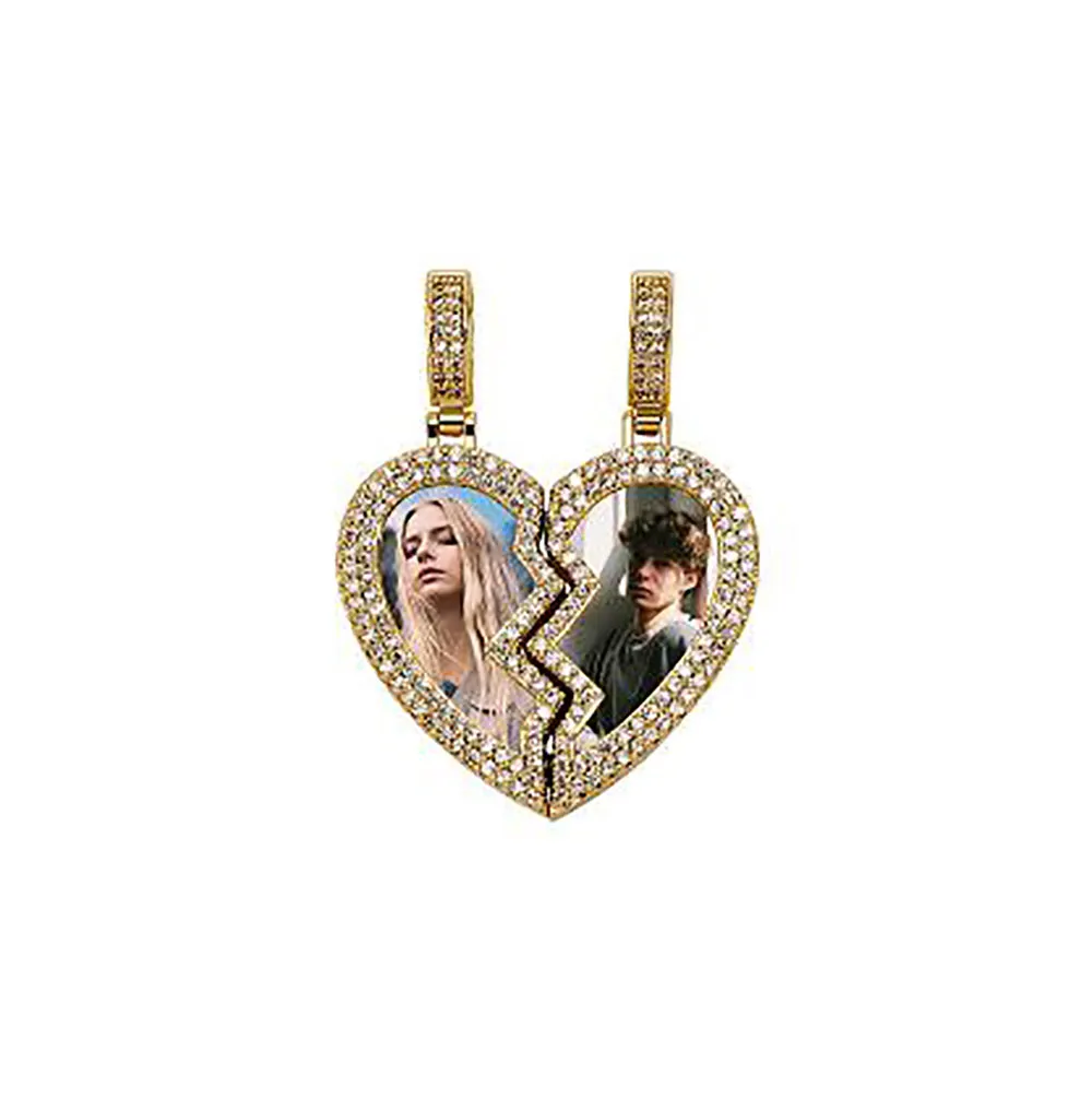 Collier avec pendentif Po demi-cœur sur mesure, e, pour hommes et femmes, cadeau de saint-valentin, breloque en zircone cubique, bijoux Hip Hop 254d