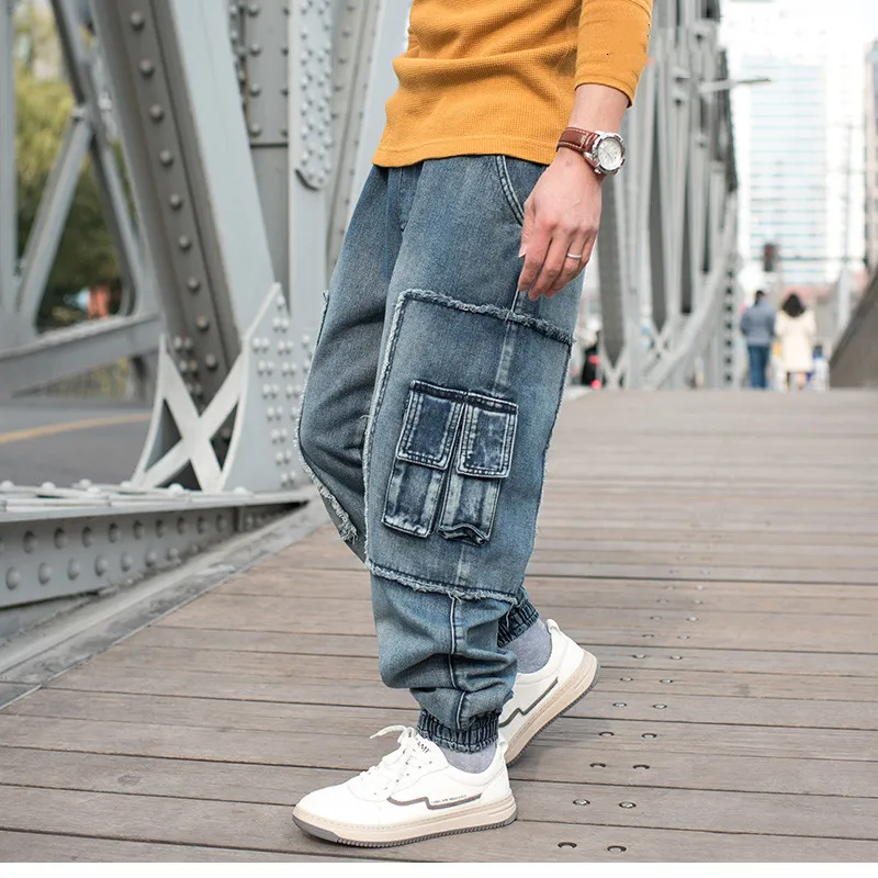 Mens Plus Size 6XL Elastic Waist Cargo Jeans Loose Fit Denim