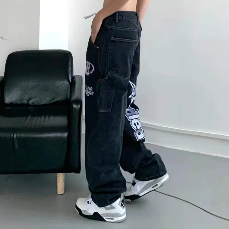 Retro kieszenie list Haft Ripped Casual Caurs Mężczyźni Proste Szerokie Nogi Pant Kobiety Harajuku Oversize Streetwear Dżinsowe Spodnie 220328