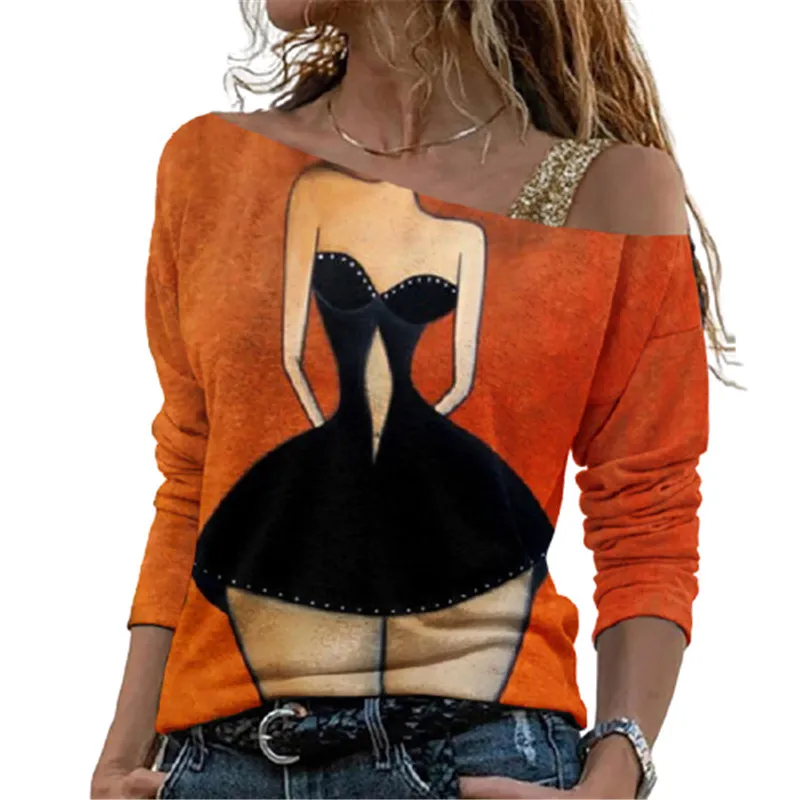 Moda farfalla figura stampa spalle scoperte T-shirt donna sexy colletto diagonale manica lunga autunno top elegante streetwear tee 220511