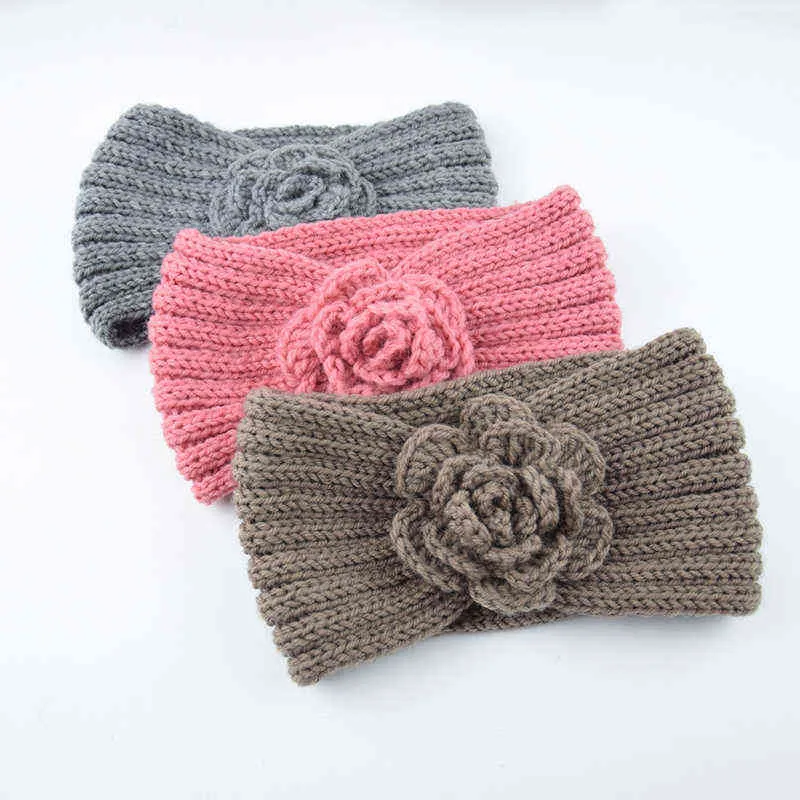 Women Rose Flower Knitted Headbands Women Winter Crochet Head Wrap wide Woolen Hairband Turban Fashion Hair Accessories AA220323