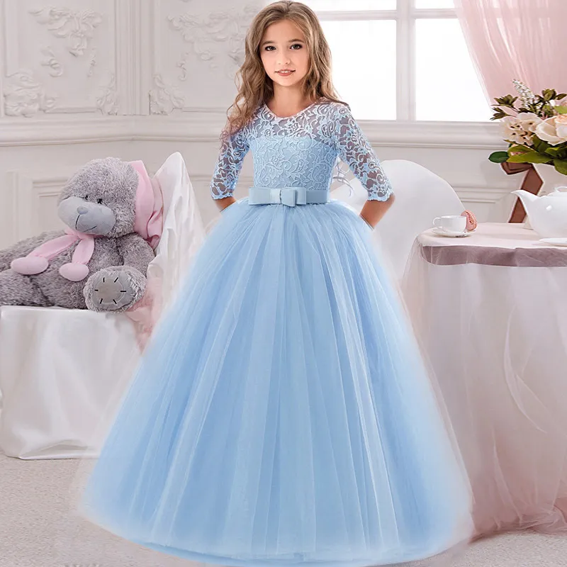 Abito da damigella d'onore lungo rosa bianco estivo Abito da bambino con fiocco Abbigliamento bambini ragazze Bambini Principessa Festa nuziale 10 12 anni 220426