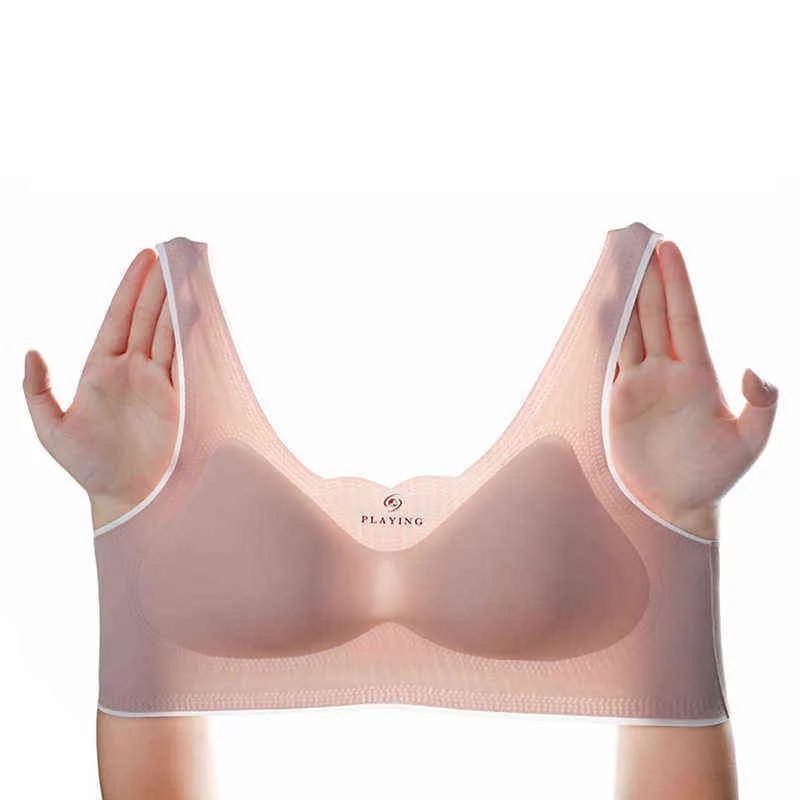 Soutiens-gorge minces sans couture en soie de glace pour femme sous-vêtements femmes sans anneau en acier recueillir soutien-gorge de sommeil sport Wrap poitrine belle dos Lingerie L220726