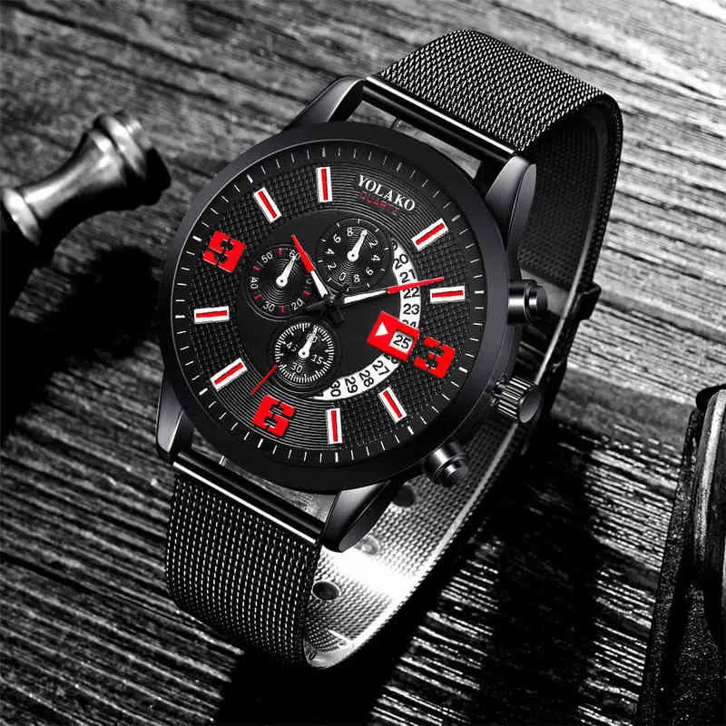 2022 es Mens Fashion Kalender Männer Business Edelstahl Mesh Gürtel Quarz Handgelenk Männliche Uhr relogio masculino Y220707