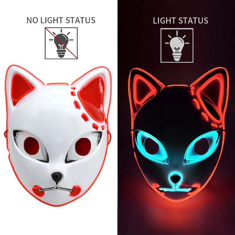 2022 LED Glühe Katzengesichtsmaske Cool Cosplay Neon Dämon Slayer Fox Masken für Geburtstagsgeschenk Karnevalsparty Masquerade Halloween