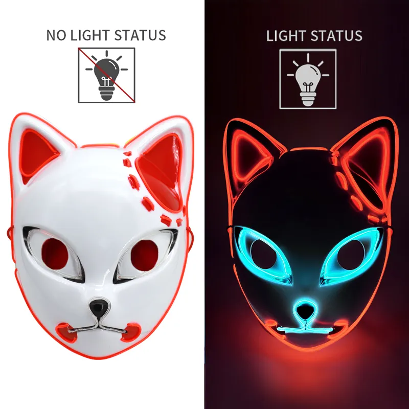 2022 LED Glowing Cat Face Mask Cool Cosplay Neon Demon Slayer Fox Maschere regalo di compleanno Festa di carnevale Masquerade Halloween