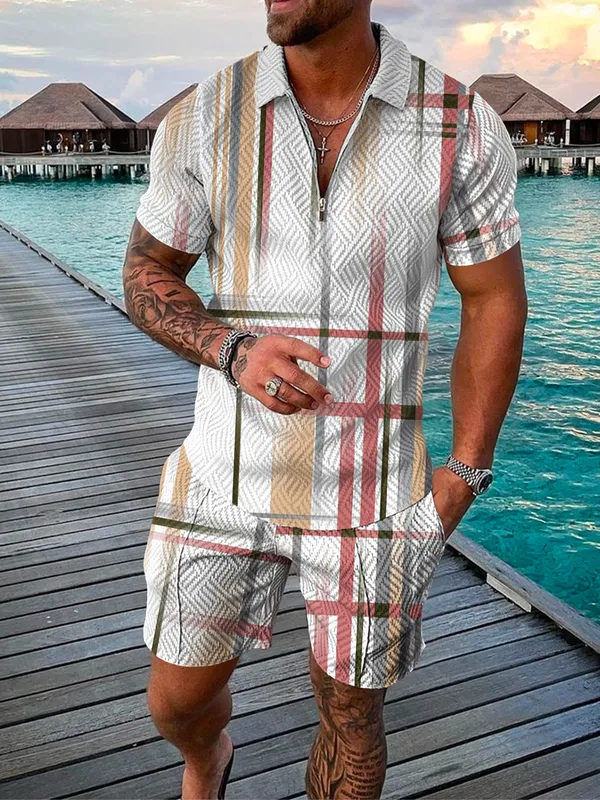 Men s Tracksuit Cotton Solid Color Short Sleeve Zipper Polo Shirt Shorts Set for Men Casual Streetwear Suit Summer 220615