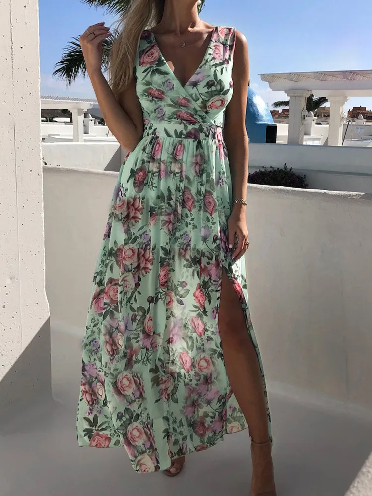 Summer Fashion Slim V Neck Tie Up Backless Chiffon Dress Sexy Sleeveless Hollow Slit Maxi Women Floral Print Party es 220713