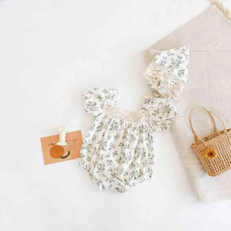 0-24m sommar nyfödda barn baby flickor kläder kort ärm blommig spets romper elegant söt söt blomma jumpsuit kropp kostym outfit g220521