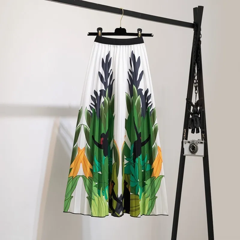 Fashion High Waist Pleated Harajuku Skirts Summer European Flower Printed Long for Women Mid-Calf Skirt Faldas Larga 220317