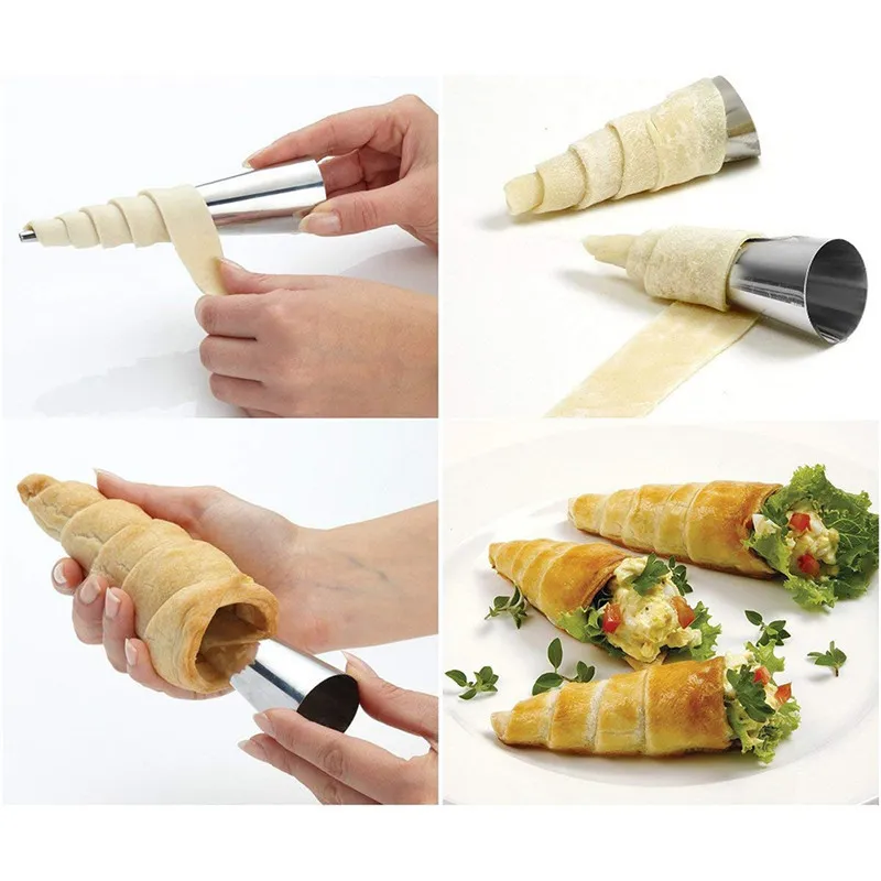 Baking Cones Stainless Steel Spiral Croissant Tubes Horn bread Pastry making Cake Mold Cookie Dessert Baking Tool ZXH 220815