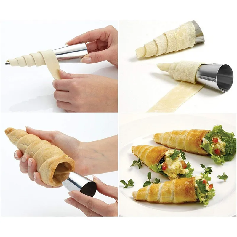 Cuisson Cônes En Acier Inoxydable Spirale Croissant Tubes Corne Pain Pâtisserie Gâteau Moule Cookie Dessert Cuisson Outil ZXH 220815