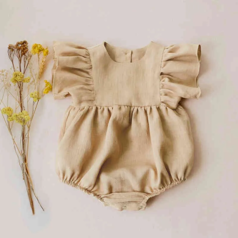 Infantile bébé fille barboteuse nouveau-né bébé fille solide coton lin combinaison causale avec fermeture à bouton été bébé fille vêtements G220521