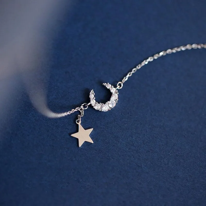Шкафы изысканный флэш -бриллиант луна звезда кисточка милая цепочка клавиля 925 Серебряные подвески для женщин для женщин День рождения подарок Fine Ewem3503