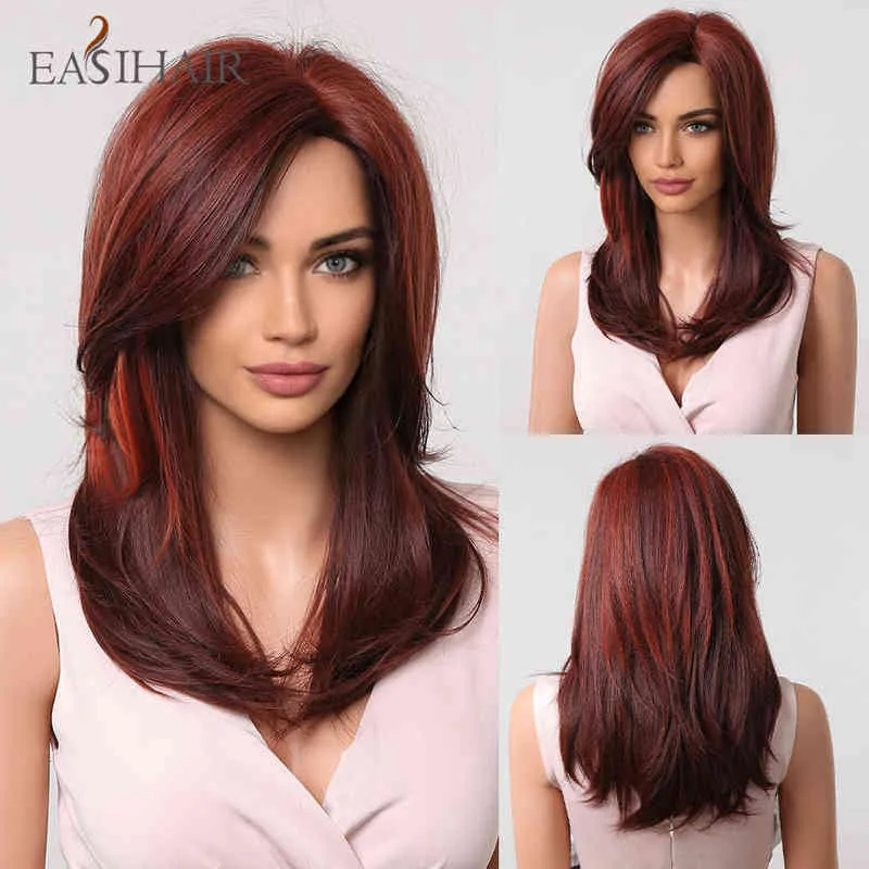 EASIHAIR – perruques synthétiques lisses, frange latérale rouge vin, couches moyennes bordeaux pour femmes, Cosplay quotidien, résistantes à la chaleur, 220525