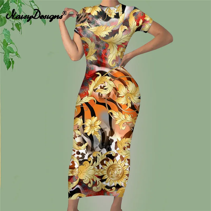 Noisydesigns Long Bodycon Dresses For Women Elegant Golden Europe Floral Print Bkue Leopard Luxury Sexy Vestidos Dropship 220627