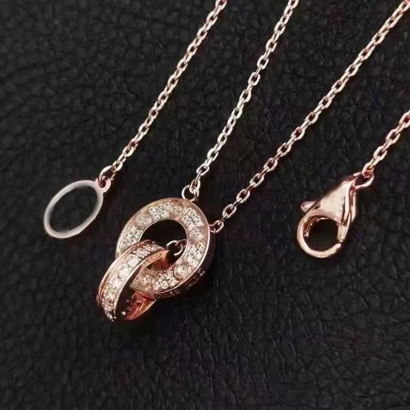 Women double ring pendant necklace love designer Necklaces full diamonds Jewelry titanium steel Clavicle Chain lovers gift269E