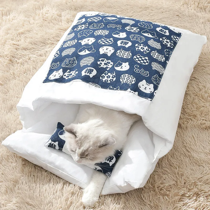 Katt sovsäck cuddle cave säng hund sängar vinter självvärmande husdjur hus med kudde japanska futon för valp små kattunge hundar 220323