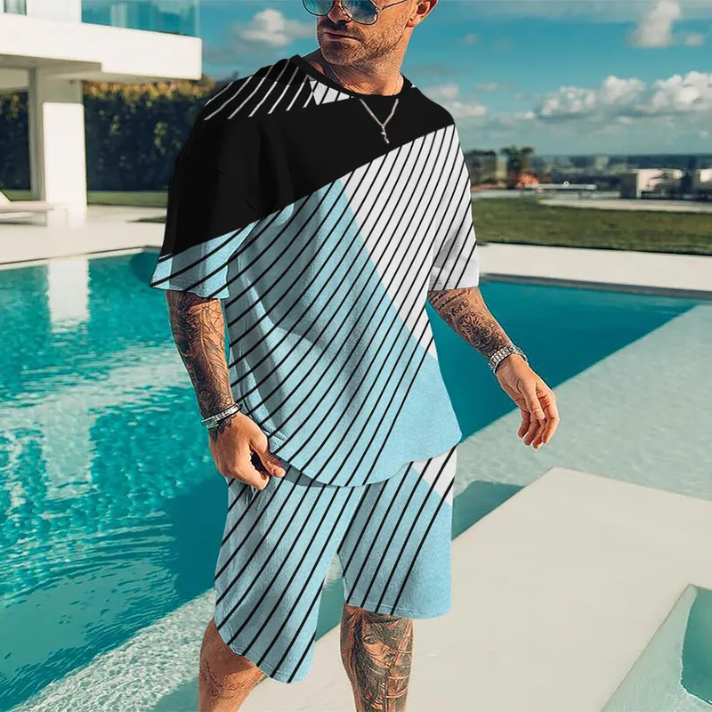 Summer Trend Men's Suit Casual Beach Shorts Suit Sea View 3D Printing Short Suit Ordinary O-Neck T-Shirt Set 220610