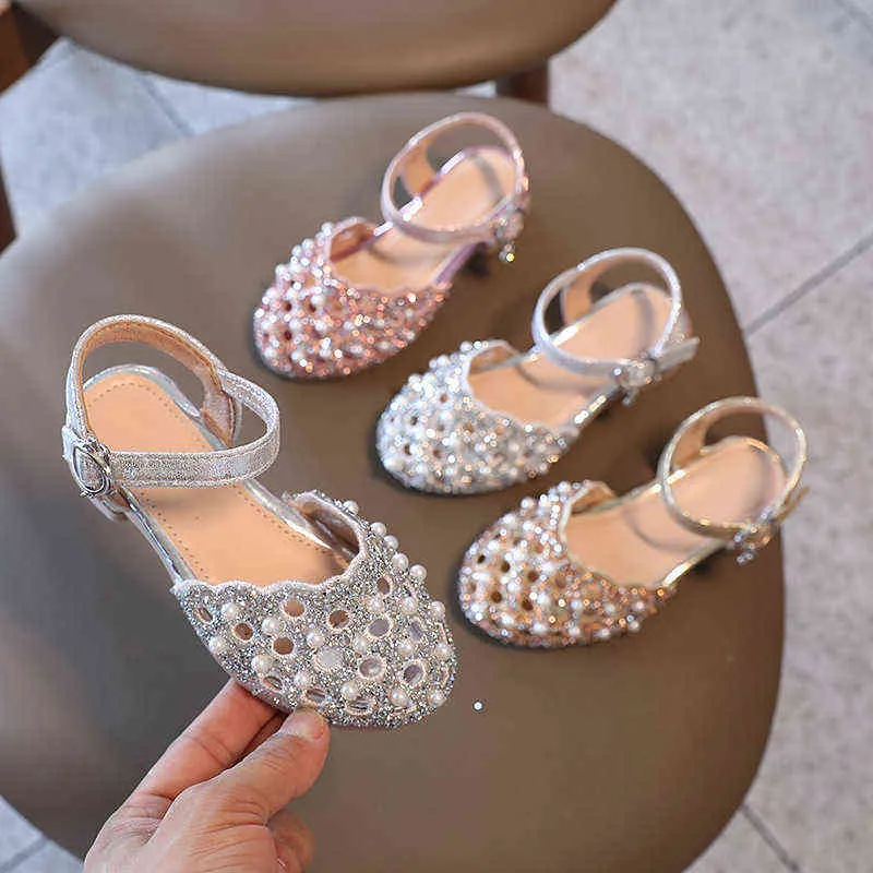 Children'S Shoes Girls' Summer Non-Slip Sandal Fashion 2021 Pearl Elegant Princess Shoe Kids Sports Beach Wedges Cut-Outs Sandal G220523