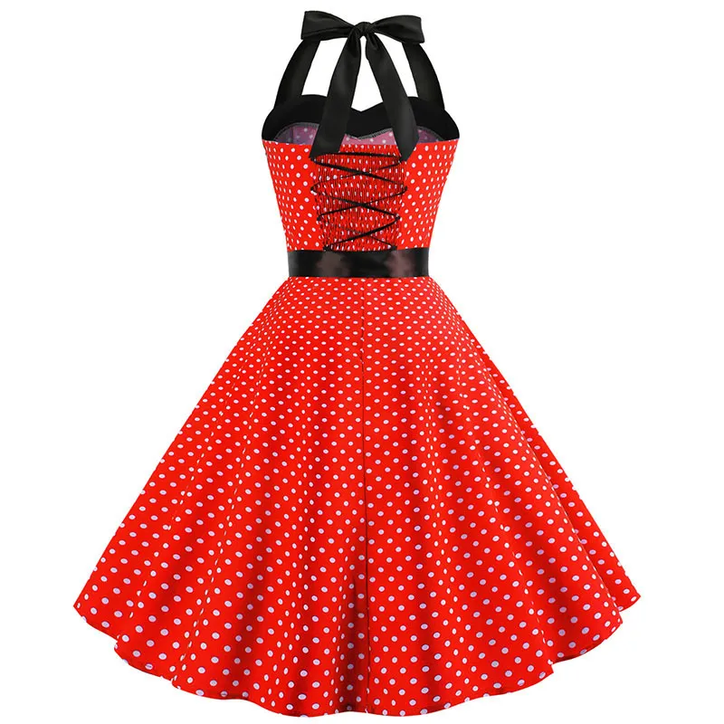 Seksi Retro Kırmızı Polka Dot Elbise Audrey Hepburn Vintage Halter 50 S 60 S Gotik Pin Yukarı Rockabilly Artı Boyutu Robe 220418