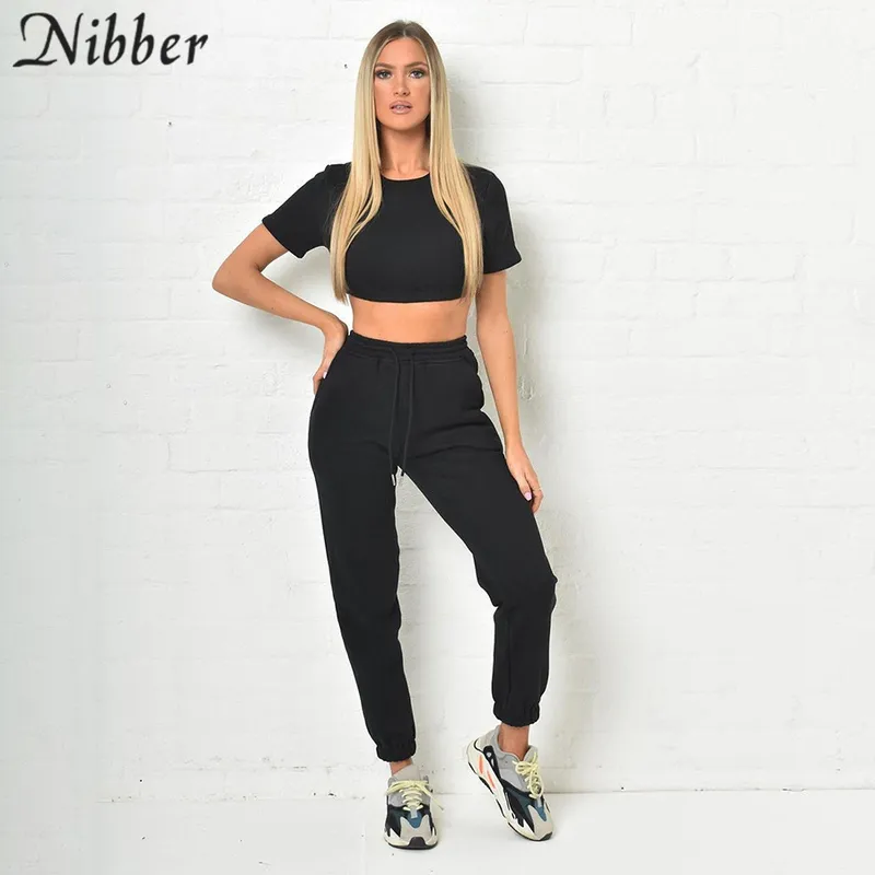 Nibber Women Casual Solid Tuta 2 Due pezzi Set Slim manica corta Crop Top e pantaloni a vita alta con coulisse Set coordinato 220602