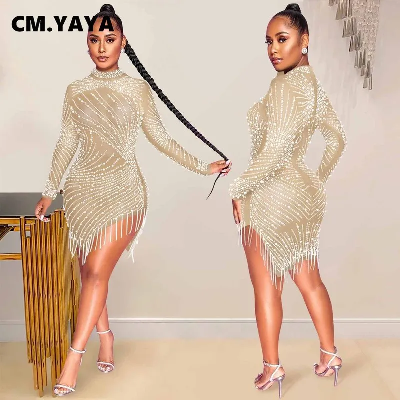 CM.yaya Lato See-przez Mesh Diamonds Sukienka Kobiety Sexy Slim Elastyczne Mini Dresses Tassel Lady Club Party Night Outfit 220317