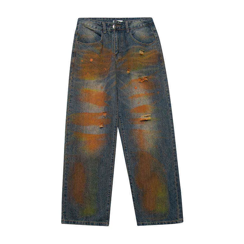 Retro Schlamm Gelb Loch Riss Ausgefranste Gerade Herren Jeans Hosen Harajuku Lässige Hip Hop Lose Denim Hosen Übergroßen T220803