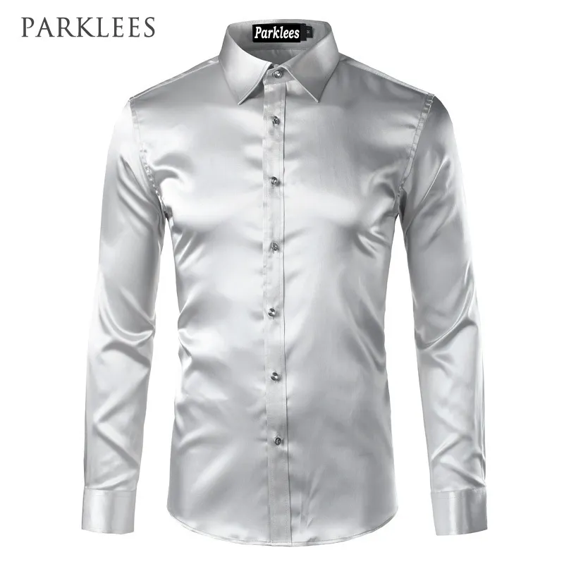 İpek gömlek erkekler saten pürüzsüz katı smokin iş chemise homme rahat slim fit parlak altın gelinlik s 220323