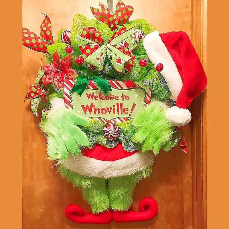 2021 Weihnachtsdieb gestohlen Grinch Plüsch Bein Weihnachtsgefüllte Bein Spielzeugpuppe Vordertürkranz Dekor Weihnachtsbaum Ornamente L220531