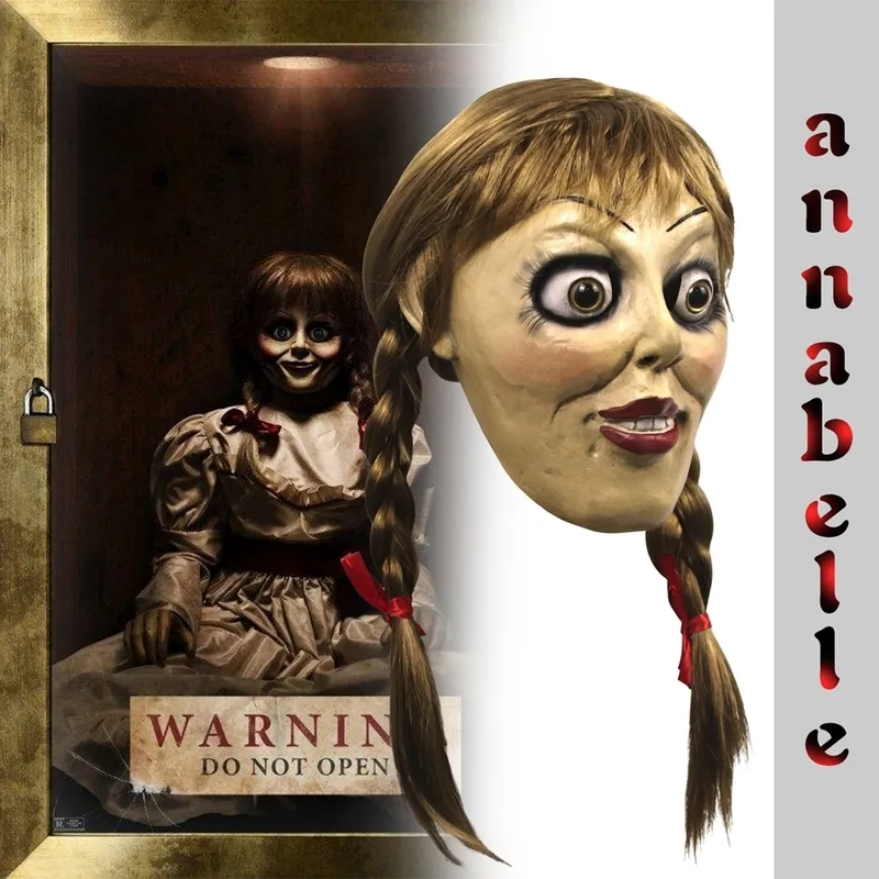 Halloween Annabelle Cosplay Maske Latex Cosplay Annabel Puppe Gruselfilm Erwachsene Vollkopf Latex Perücken Pferdeschwänze Party Maske 220812