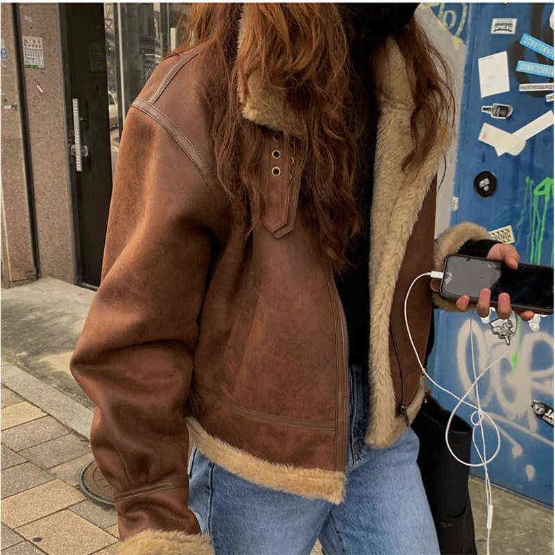 Sungtin ull fleece lapptäcke faux läderjackor kvinnor vinter förtjockar pure pu kort överrock kvinnlig lös streetwear vintage l220728