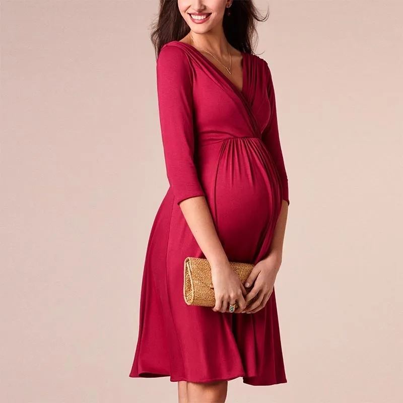 فساتين الرضاعة الطبيعية ملابس الأمومة للنساء الحوامل الصلبة الخامس الرقبة الحمل الأم ارتداء مساء اللباس 220419