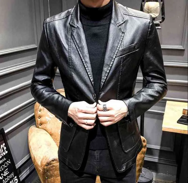 Men's Regular Lapels Solid Color Bordeaux Black Faux Leather Long Sleeves Two Button Blazer For Cool Male Blazer Clothing L220801