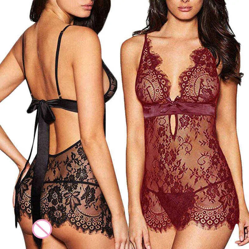 Plus Tamanho XL Roupas Exóticas Mulheres Sexy Lingerie Bordas Vestido Roupa Black Red Babydoll Nightwear G-String Nightwear Conjuntos exóticos L220727