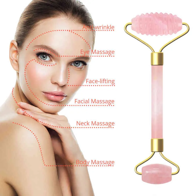 Rose Quartz Roller Gwouache Scraper Natural Stone Face Massager Real Jade Facial Care Tools 220510